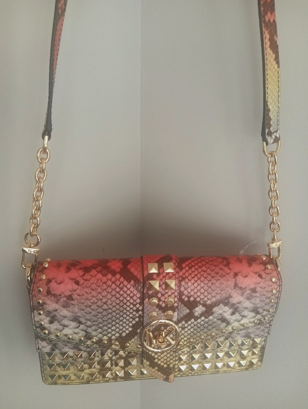 Michael Kors Red to Cream Snake-Print Studded Crossbody